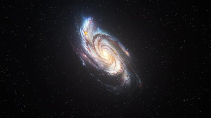Wall Mural - Voyage around a solitary galaxy. Reve view of the galaxy's vibrant light and swirling structures, all from a close, unique vantage point. Deep Space Exploration. 4K 3D abstract animation.