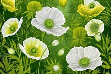 Wall Mural - floral painting with white and yellow flowers on a green backdrop Generative AI