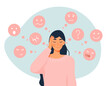 © Rudzhan - Woman with mood. Young girl in pink sweater stands and holds her head. Psychology and mental health, emotional burnout. Character suffers from Bipolar disorder. Cartoon flat vector illustration