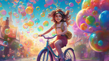 A Cartoon Cute Curly Girl Is Riding A Bicycle On The Street With Colorful Soap Bubbles Around Her. A Scene For A Children's Book. Design For Banners, Cards, Posters. AI Generated.