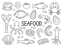 Seafood Doodle Set.  Octopus, Lobster, Fish, Shrimp, Oysters, Crab, Squid In Sketch Style. Hand Drawn Vector Illustration Isolated On White Background