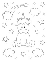 Wall Mural - coloring page of a cute unicorn, clouds and stars. You can print it on 8.5x11 inch paper
