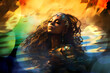  fantasy painting of beautiful young black woman at desert spa in extravagant flamboyant art nouveau style with lens flare water splash