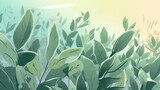 Fototapeta Sypialnia - Aromatic Sage Herbs Cartoon Horizontal Background Illustration. Healthy Vegetarian Diet. Ai Generated drawing Background Illustration with Delicious Aromatic Sage Herbs. Generative AI