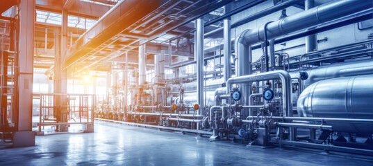 large steel industrial tanks with metal pipes around, inside hydrogen production factory hall as ima