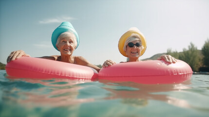 elderly happy senior in swimsuits and caps with inflatable rings swim in the pool laugh merrily, ai generation