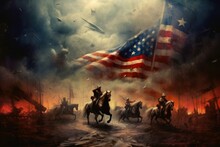 Illustration Of American Marines Over American Flag In Vintage Style Art. Generative AI