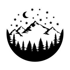 Forest and Mountain in a Circle under the Stars and Moon 