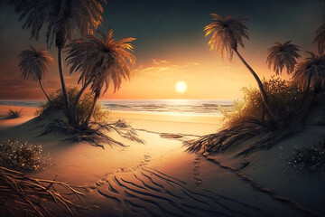 Wall Mural - Sea beach at sunset, landscape with sand, palm trees, sun and sky, generative AI