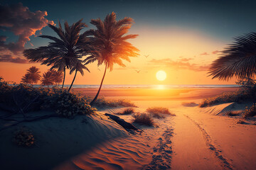 Wall Mural - Sea beach at sunset, landscape with sand, palm trees, sun and sky, generative AI.