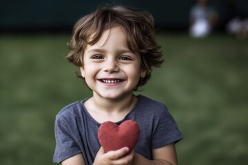 Smiling little boy holding greeting card for Happy Father's Day with drawn red heart. Generative AI