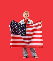 Wall Mural - Young woman in headphones with USA flag on red background