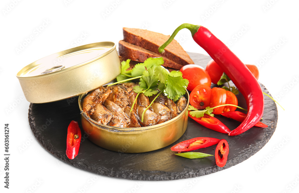 Board of canned smoked sprats with bread and chilli on white background