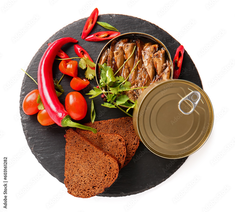 Board of canned smoked sprats with bread and chilli on white background