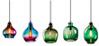 Group of assorted colorful modern glass pendant lights. Created using generative AI.