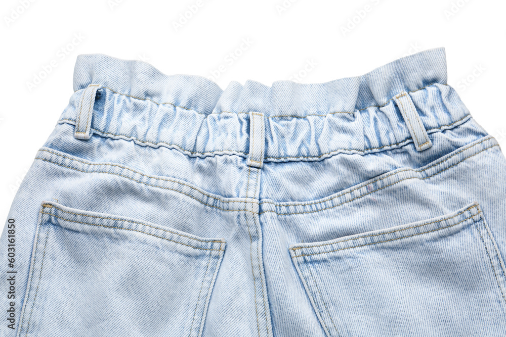 Stylish blue denim jeans on white background