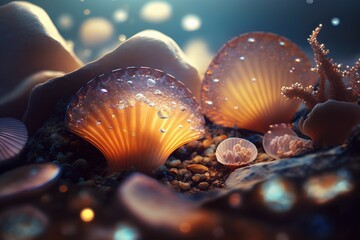 Wall Mural - Close Up Of Seashells Underwater. AI generated, human enhanced.