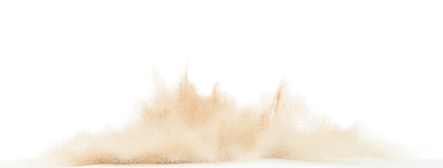 Small Fine size Sand flying explosion, Golden grain wave explode. Abstract cloud fly. Yellow colored sand splash throwing in Air. White background Isolated high speed shutter, throwing freeze stop