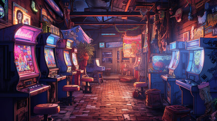 retro arcade filled with vintage arcade cabinets