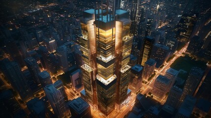  skyscraper, with its sleek lines, reflective glass facade, and vibrant city lights. Made by generative AI.