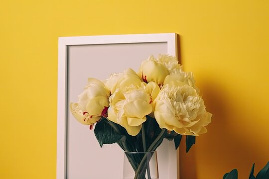 Peonies on a yellow background with a white frame make up this straightforward, minimalist artwork. A romantic card with a white frame and a wonderful statement or remark in the vacant Generative AI