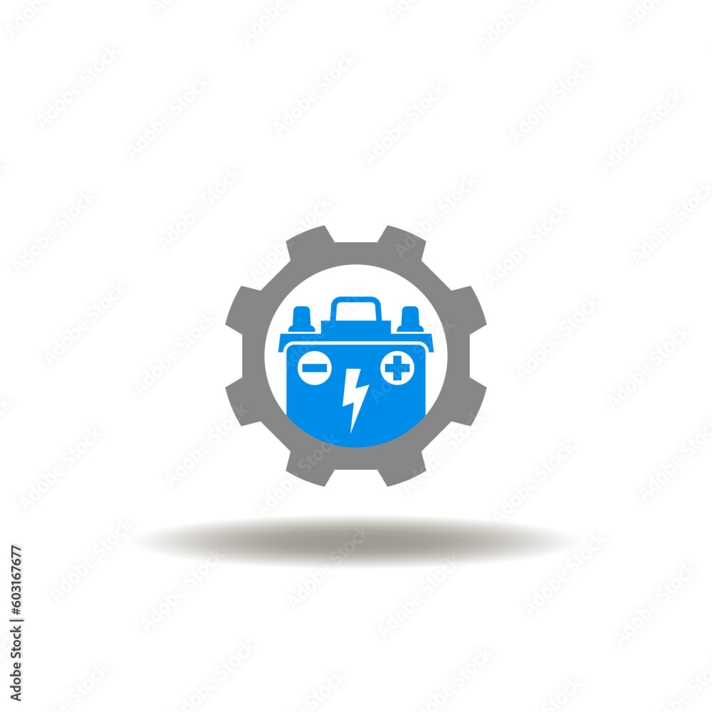 Vector illustration of gear and accumulator or battery. Icon of power, energy storage. Symbol of accumulator production, maintenance and management.