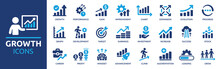 Growth Icon Set. Containing Performance, Gain, Improvement, Grow, Chart, Increase, Evolution And Development Icons. Solid Icon Collection. Vector Illustration.
