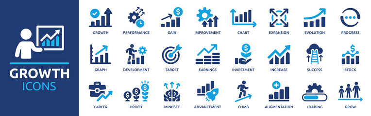 growth icon set. containing performance, gain, improvement, grow, chart, increase, evolution and dev