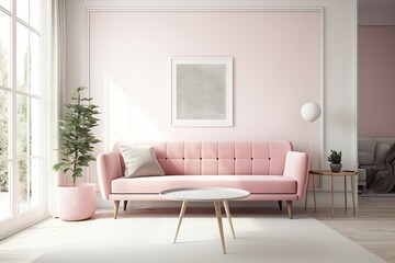 Pink sofa in contemporary interior design mockup. Danish style furniture. Generative AI