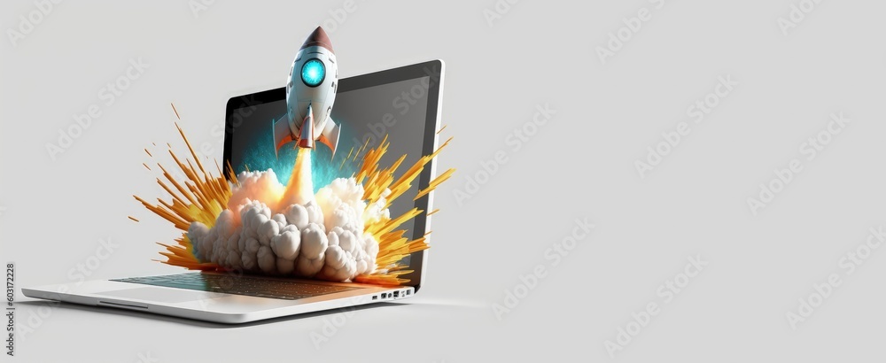 Laptop and rocket flying from the screen, white background with space ...