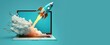 © Kaleb - Laptop and rocket flying from the screen, blue background with space for text, startup concept, Generative AI