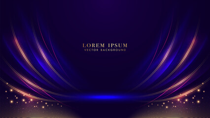 Dark blue luxury background with golden lines, curve light and glittering light effects elements. Elegant style vector design