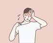 Exhausted man holding her head with closed eyes being hot. Hand drawn style vector design illustrations.