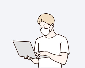 Wall Mural - man wearing face mask to protect coronavirus covid-19 using laptop computer. hand drawn style vector
