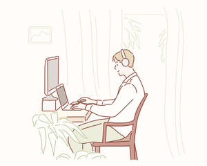 Wall Mural - Young man working on laptop at home. Hand drawn style vector design illustrations.