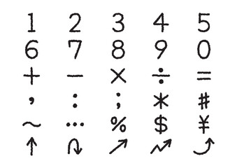 Set of black and white handwritten numbers and symbol arrows／白黒手書きの数字と記号矢印のセット