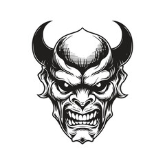Wall Mural - demon face, vintage logo line art concept black and white color, hand drawn illustration