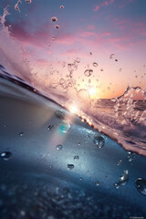 Poster - Cutaway ocean wave against pink dawn with clouds. AI generation