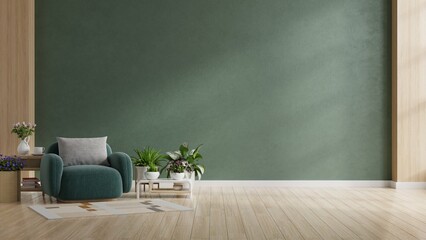 Wall Mural - Living room interior with green armchair and decoration room on empty dark green wall background