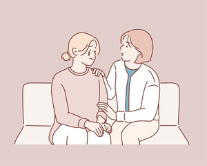 Two women talking about problems at home. Friendship consoling and care, unhappy girl support her girlfriend. Hand drawn style vector design illustrations.