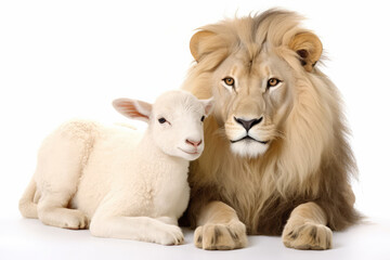 The Lion and the Lamb together. Image on white background, generative AI