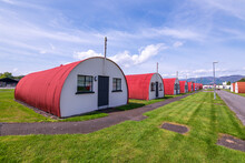 Quonset huts of world war two vintage freshly painted and renovated shot in a former prisoner of war camp in scotland