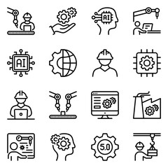 industrial and automation line icons. monitoring, artificial intelligence, developer, operator, programming, automated, manufacture, optimization, software, automation, circuit