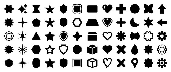 Leinwandbilder - Set of black simple geometric shapes icons. Containing sparking, star, circle, rectangle, starburst and cross symbol collection. Vector illustration.