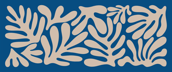 Abstract botanical art background vector. Natural hand drawn pattern design with blue leaves, branches. Simple contemporary style illustrated Design for fabric, print, cover, banner, wallpaper.