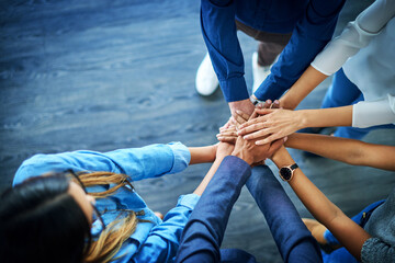 Poster - Top view, business and group with hands together, support and collaboration with teamwork, partnership and goals. Staff, team and coworkers with brainstorming, target and innovation with cooperation