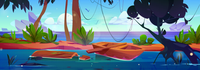 Tropical jungle forest near sea shore vector landscape. Amazon river nature scene with boat and log in water illustrated cartoon environment. Fantasy tropic rainforest sunny wallpaper illustration