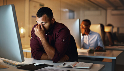 Poster - Employee, night and man with a headache, burnout and depression with a deadline, tired and mistake. Male person, employee and consultant with a migraine, working late and depression with health issue