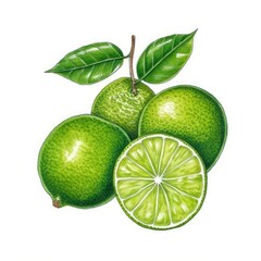 Limes in watercolor style with ink outline on white background (generative AI)