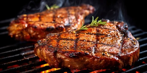 Wall Mural - beef ribeye steak grilling on flaming grill created with generative AI